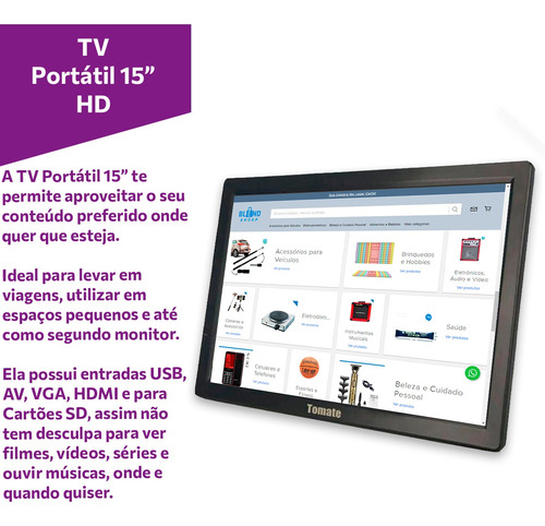 Imagem 2 de 5 de Tv Digital Tela Monitor 14 Pol Portátil + Controle Remoto