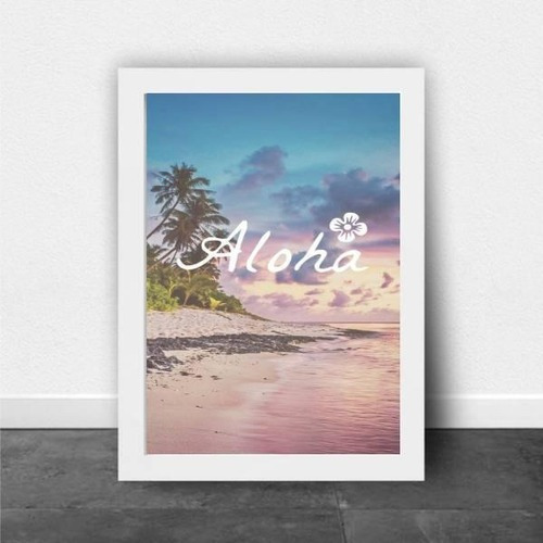 Quadro Decorativo Praia Aloha 24x18cm Moldura Branca Cor Branco