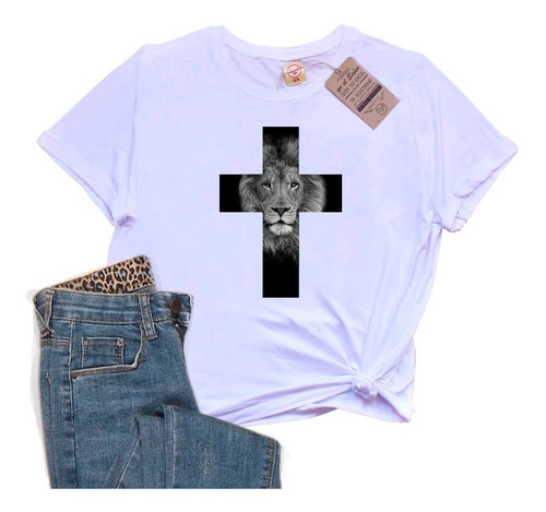 Camiseta Cristiana Mujer Mensaje (león Cruz) Piel De Durazno