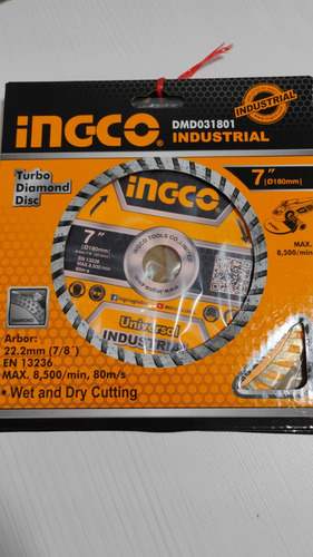 Disco Corte Diamante Turbo Ingco 180 Mm (7 Pulgadas) Color Gris