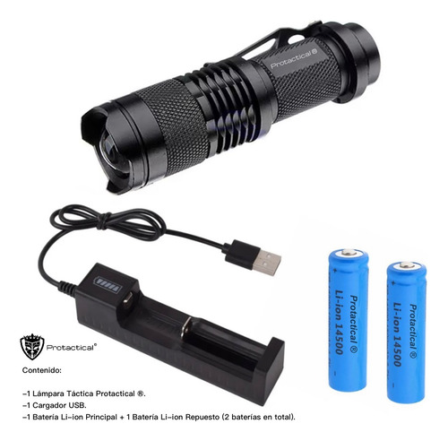 Lampara Tactica Recargable Luz Led Negra Uv + 2 Baterias Linterna Negro Luz Negra (UV)