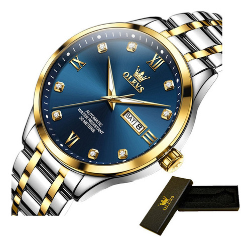 Reloj De Negocios Luminoso Olevs Mechanical Calendar Color Del Fondo Gold/blue