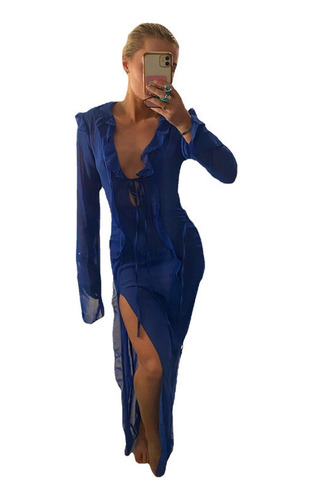 Vestido Sexy Para Mujer, Con Lazo Transparente, Cuello En V,