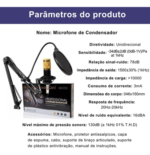 Kit Microfone Condensador Dourado Interface De Mesa Com Fio