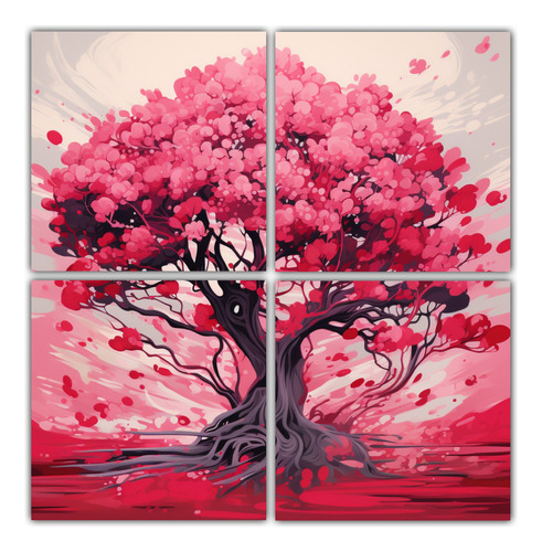 60x60cm Cuadro Neonoir Árbol Banyan Rojo Y Rosa Flores