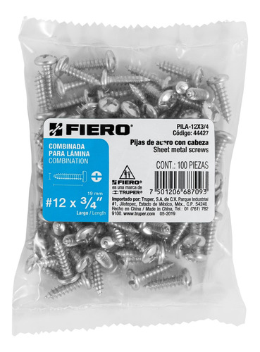 Bolsa Con 100 Pijas Para Lámina, #12 X ¾´´, Fiero 44427