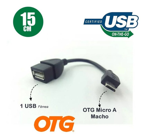 Cabo Otg Micro A Macho X Usb Fêmea 15 Cm Cor Preto