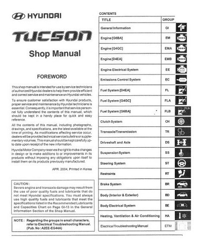 Manual De Taller Hyundai Tucson 2004-2009 Ingles
