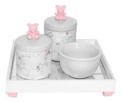 Kit Higiene Bandeja Porcelanas Algodão Passarinho Rosa Bebê Cor Ursinho