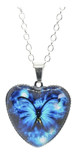 Collar, Cadena, Colgante Corazón Con Mariposa Azul Mágico 