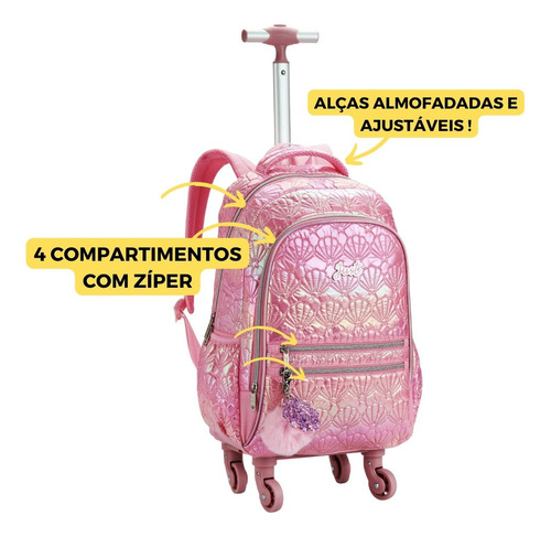 Mochila Rodinha 360° Conchas Metalizada Juvenil Meninas Cor Rosa