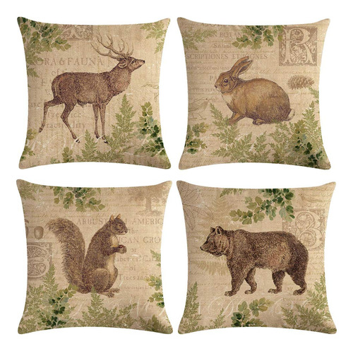 Set De 4 Fundas De Almohada Vintage Animales Vida Silvestre