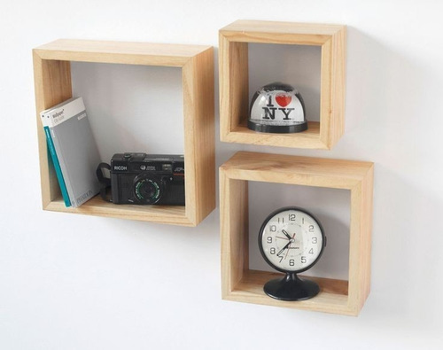 Imagen 1 de 3 de Set 3 Repisas Flotantes Cuadradas Madera 100% Pino