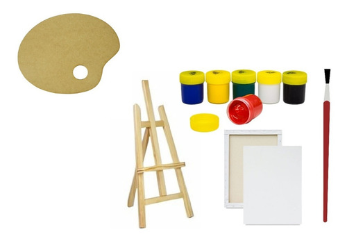 Kit De Pintura: 5 Tela16x22 + 1 Pincel +1 Guache 1 Cavalete 