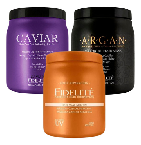 Kit X 3 Mascaras Capilares Fidelite 1000gr C/u - Mythical Argan + Keratina + Caviar Anti Age Baño De Crema Anti Frizz Nutricion Brillo Supremo Cabellos Secos