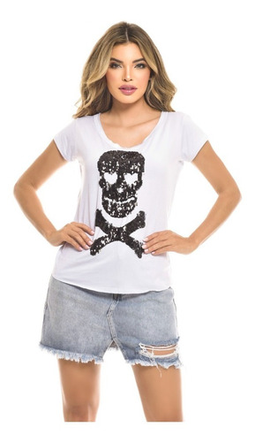 Polera Mc Lentejuela Poison Skull White Rc-7