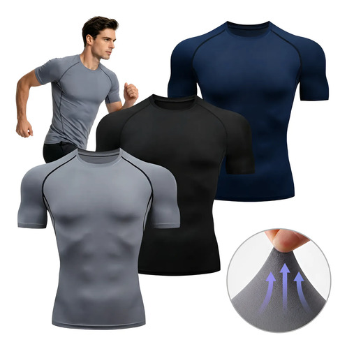 Kit 3 Camiseta Masculina Rash Guard Slim Manga Curta Térmica