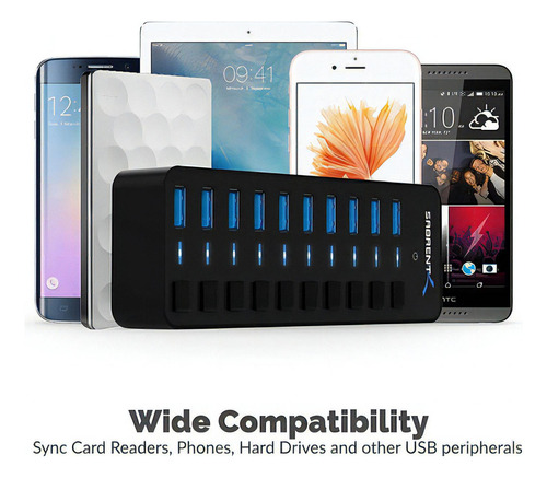 Hub Usb - Sabrent - 10 Port Usb 3.0 Switch On/off Fuente 5a