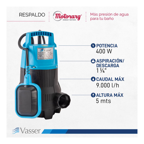 Imagen 2 de 8 de Bomba Desagote Agua Sucia Vasser De400ps 400w 10mts Cable 40