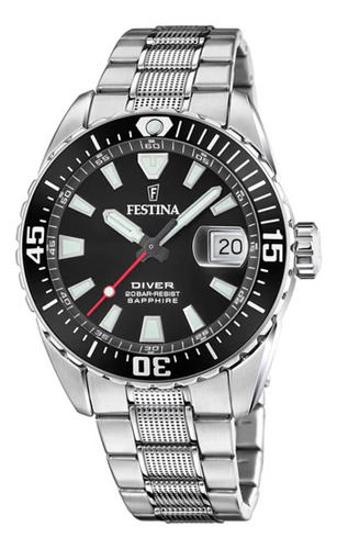 Reloj Festina F20669.3 Para Hombre Analogico Cuarzo Fechador Malla Plateado Bisel Negro Fondo Negro