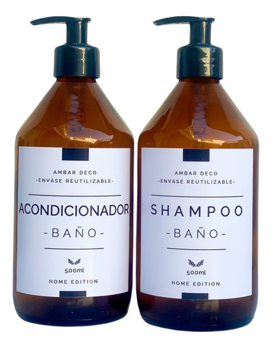 Set De Baño Envase Vidrio Ámbar Shampoo + Acondicionador