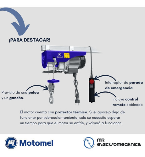 Malacate Aparejo Electrico Motomel 300 Kg 220v Mae100