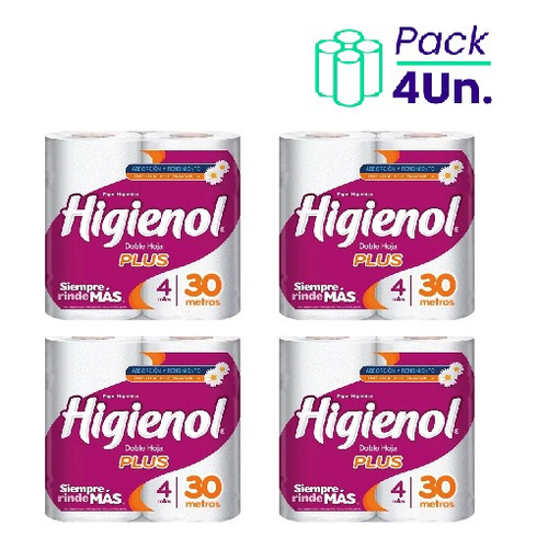 Papel Higienico Doble Hoja Plus 30mt 4 Un Higienol Pack X4