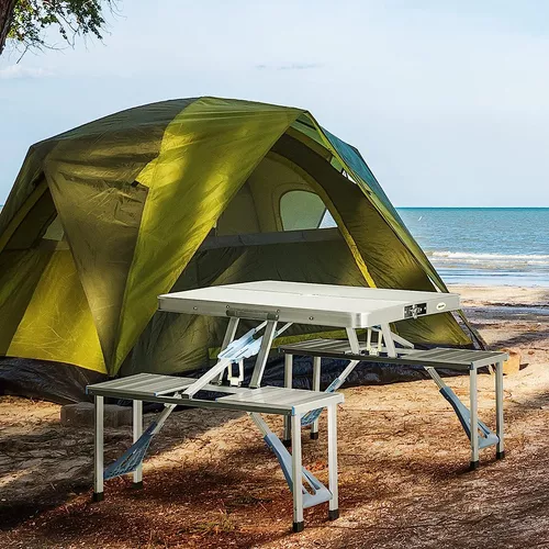 Juego de sillas de mesa de camping plegable, color plateado, maleta de  aluminio, mesa de picnic portátil con 4 asientos, agujero para paraguas  para