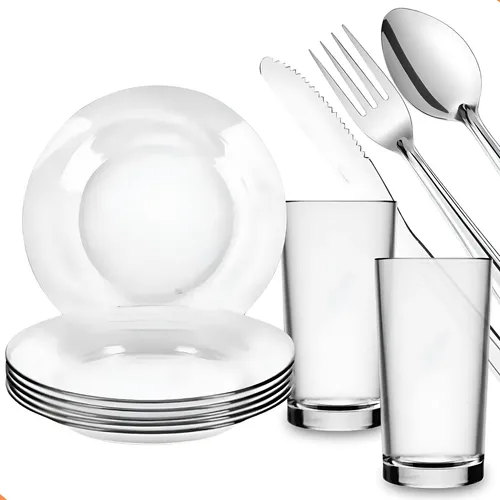 Aparelho De Jantar 30 Peças - Pratos + Copos + Talheres Inox