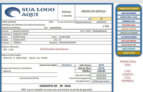 Imagem 1 de 8 de Ordem De Serviço Para Assistência! 2 Vias Iguais! Ótima!