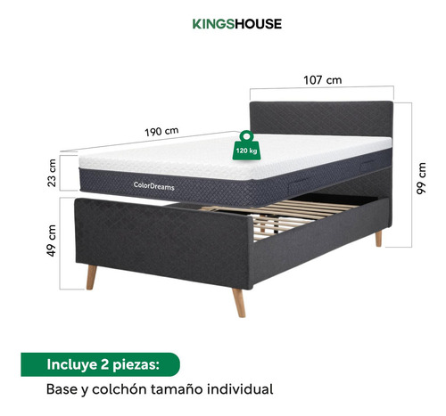 Base De Cama Y Colchón Premium Memory Foam 100x190x23 Cm Con Manijas Laterales Individual Cabecera Bordes Altos Color Gris Kingshouse