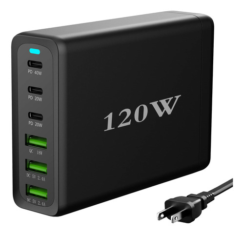 Cargador Usb C, 120 W Gan Compacto De 6 Puertos Usb C, Adapt