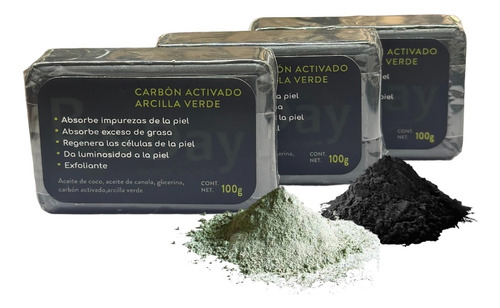 Jabón De Carbón Activado Y Arcilla Verde (vegetal)  3pz