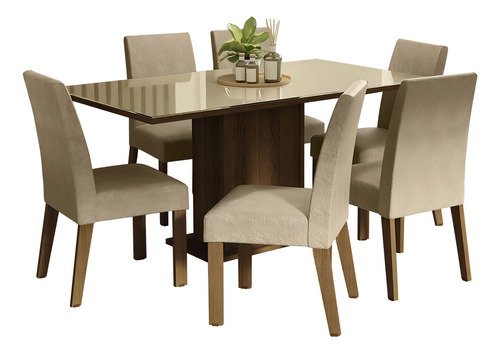 Juego Comedor Mesa Tapa Vidrio 6 Sillas Alexis Madesa Color Marron/Crema/Imperial