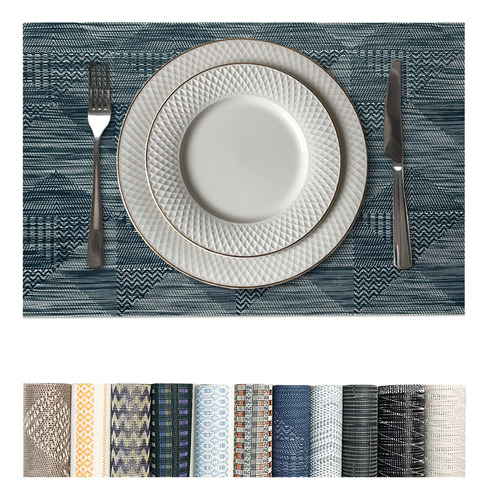 12 Jogo Americano Mesa Posta Luxo Impermeável Pvc Mz Mult Vr Cor M6 Azul Escuro Claro Cinza Claro Multi Mz Retangular