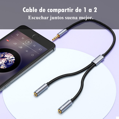 Cable Divisor De Audio De Auxiliar 3.5 Mm Macho A 2x 3.5mm Hembra Para Audífonos, Techwolf Adaptador De Audio Compatible Con Laptop, Celular, Tablet Y Pc 30cm De Longitud Color Gris