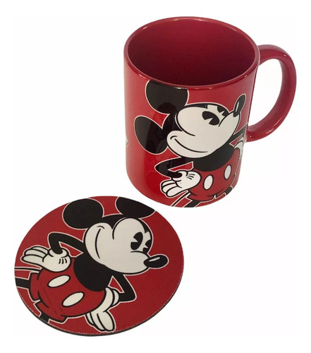 Taza Roja De Cerámica Mickey Mouse Vintage Con Portavaso