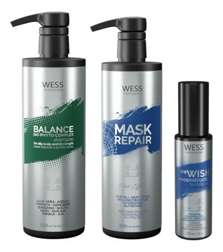Kit Wess Balance Shampoo 500ml + Mask 500ml + We Wish 50ml