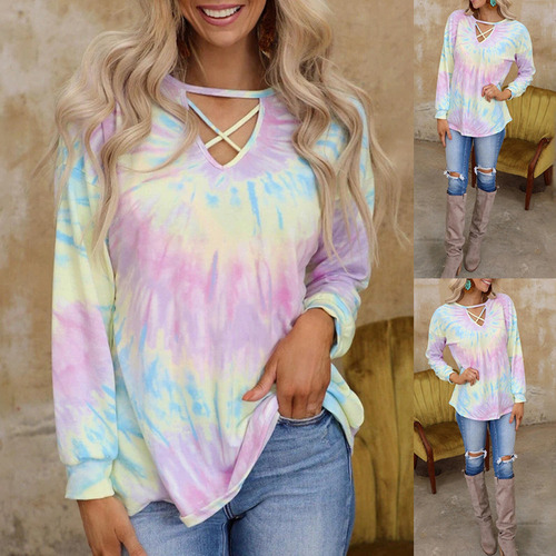 Top Casual Holgado De Manga Larga Con Estampado Tie-dye A La