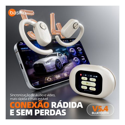 Fone De Ouvido Sem Fio Basike Bluetooth5.4 Ows Com Tela Lcd Cor Branco