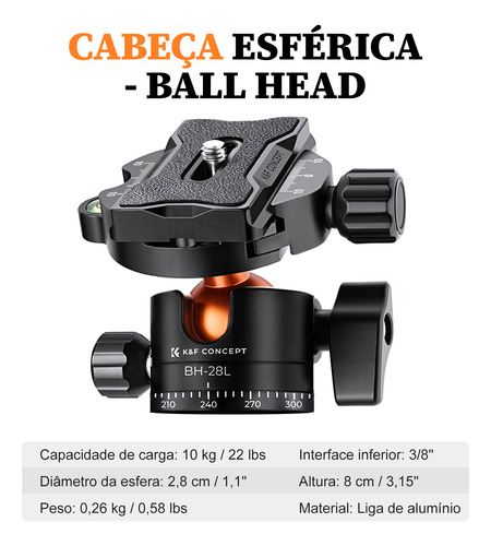 Tripé Alumínio K&f Concept 1,9m Ballhead Coluna horizontal
