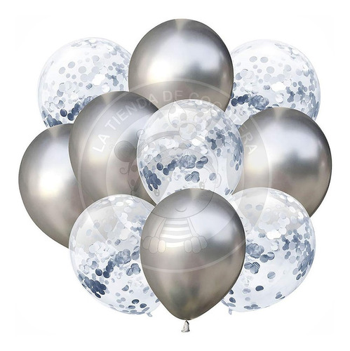  Set De 10 Globos Latex Perlado Plateado Confetti Transp 6c