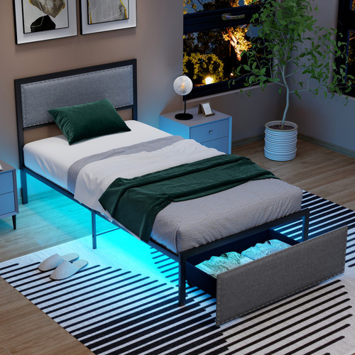 Cama Con Base De Almacenamiento Iluminada Y Base De Metal