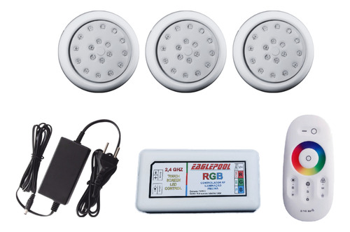Kit Iluminação Led Piscina 3 Led 18w 80+ Módulo Rgb C/ Fonte