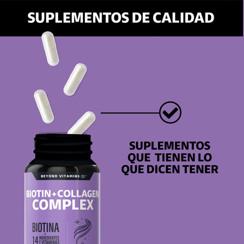 Biotin + Collagen Complex - Contiene Biotina + Colágeno + 15 Ingredientes Y Vitaminas - Colageno Biotina - Multi Collagen Peptides - Vitybell Vitaminas Mujer - Cabello Piel Uñas - 60 Cápsulas Sin Sabor
