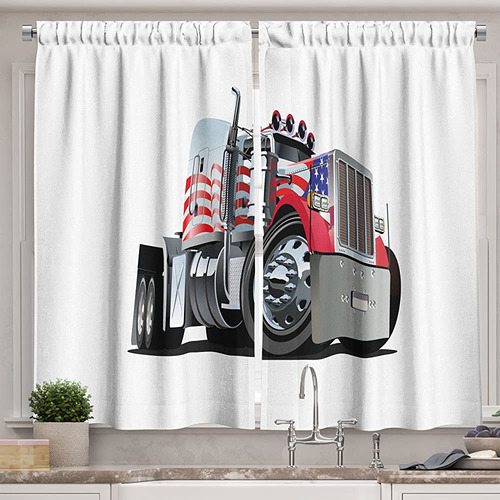 Ambesonne Truck Kitchen Curtains, American Flag Theme Semi 1