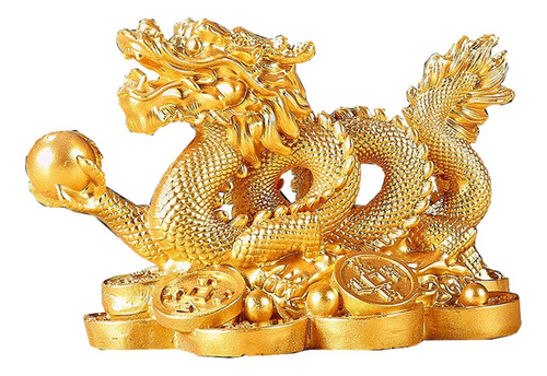 Figura Dragon Chino Dorado Escultura Feng Shui Con Esfera