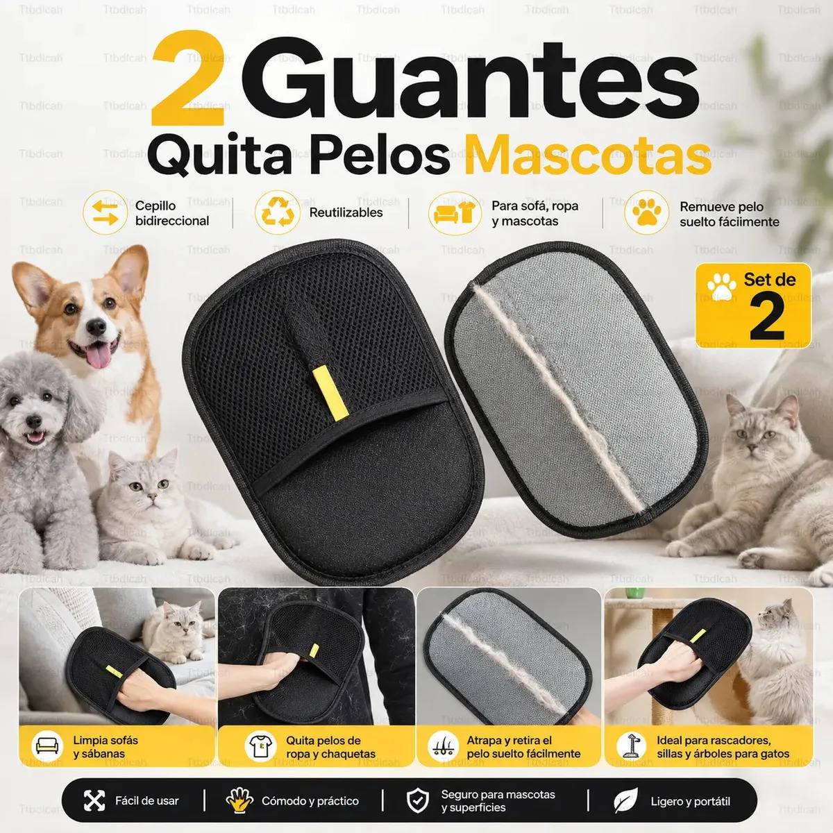 2 Guantes Quita Pelos Mascotas Perro Gato, Cepillos Para Mascotas Removedor De Pelo Reutilizable Doble Cara Para Sofá, Ropa Y Muebles
