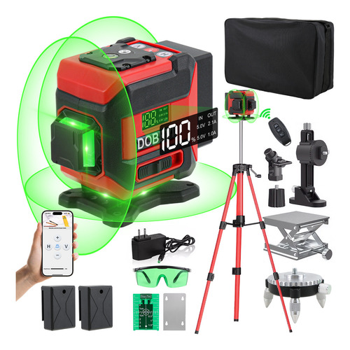 Dobevi 12 Linhas Nível A Laser Verde, 3*360° Nível Laser Autonivelante , Ip54 Com Linhas Verticais E Horizontais, Nível De Laser Linha Cruzada Com 2*3600mah Baterias Grandes,suporte Magnético, Tripé