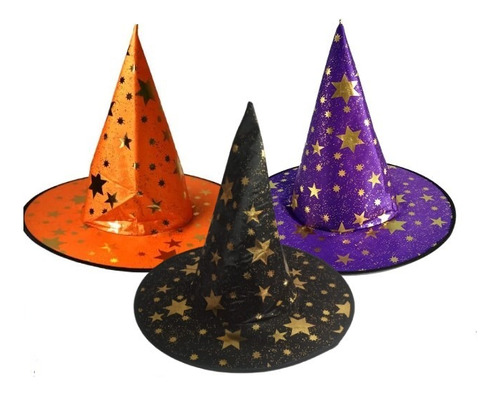 Kit 3 Chapeu De Bruxa Com Estrelas Halloween Sortido